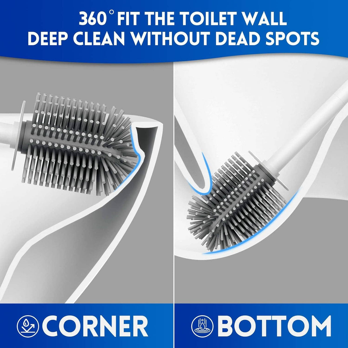 Silicone toilet brush head designed for corner and bottom cleaning