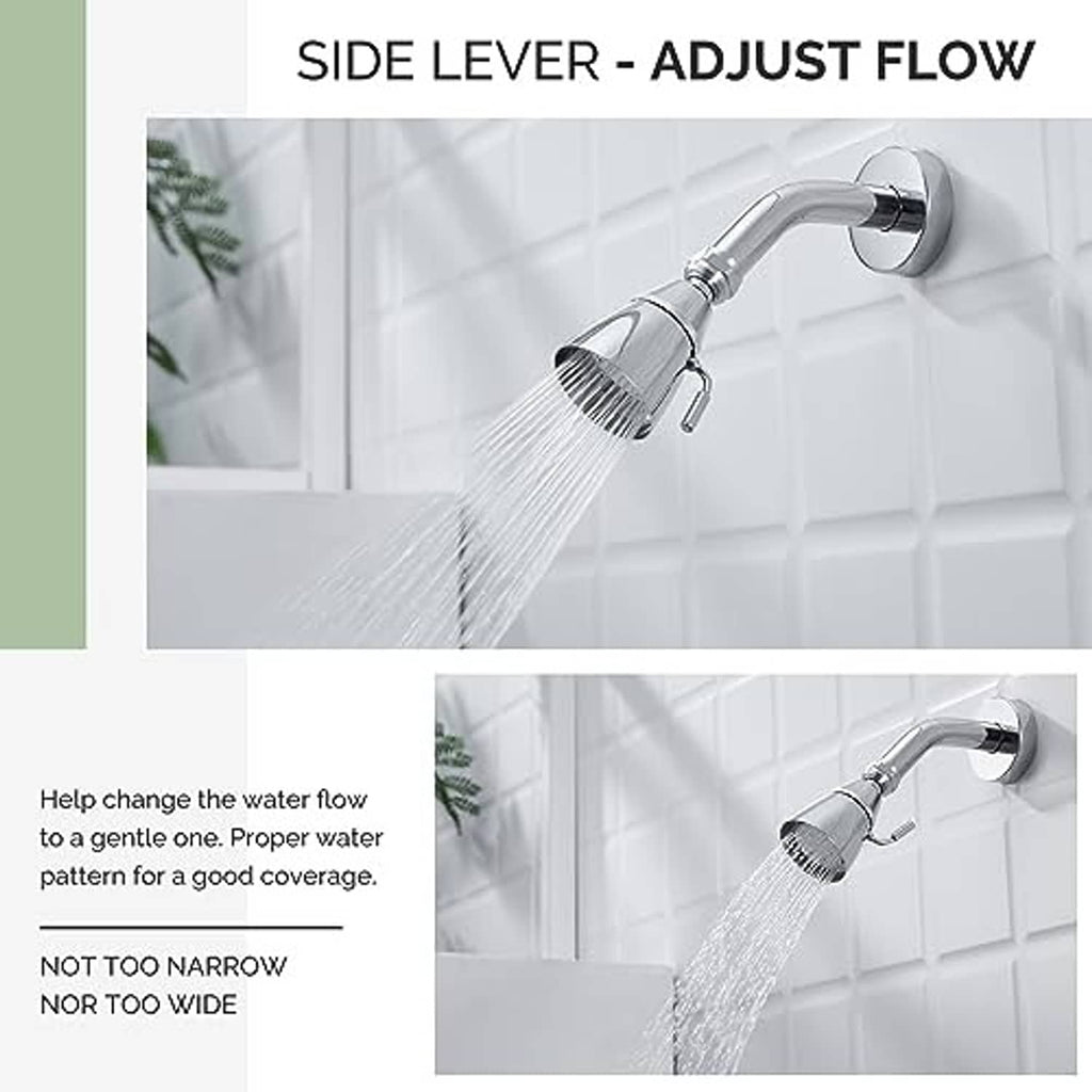 Adjustable low-flow shower head with side lever controlling spray direction