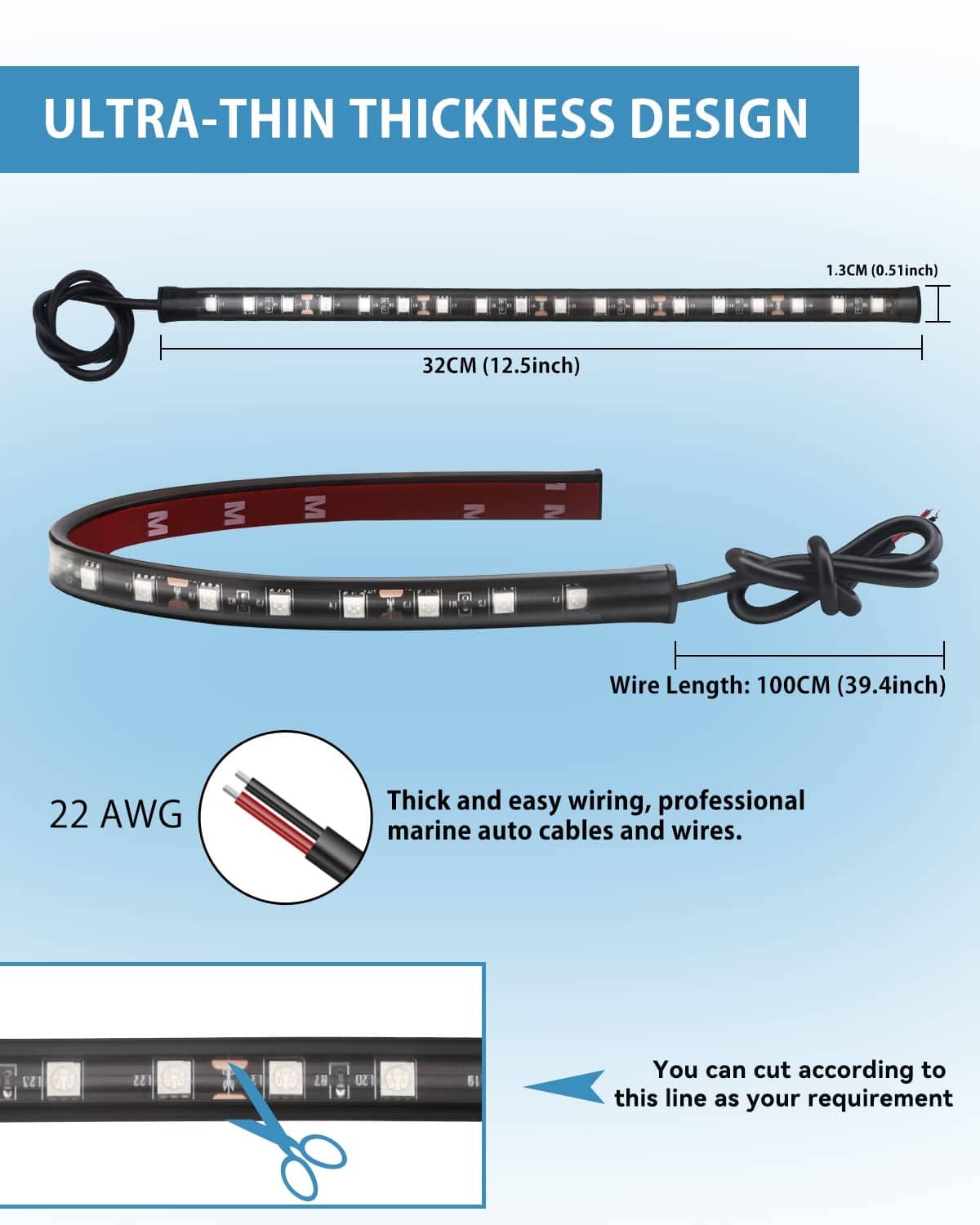 32cm black waterproof red LED strip with wiring and cut line