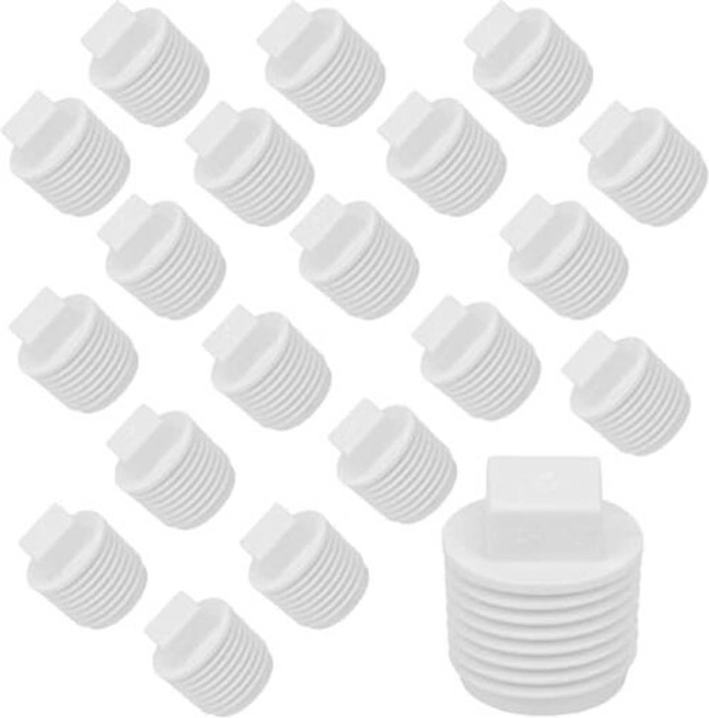 Set of white PVC male thread plug adaptors with ridged threads and square outer head