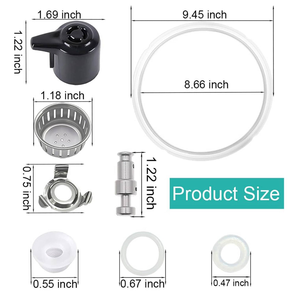 Instant Pot replacement parts kit with labeled sizes for valve, gasket, and rings