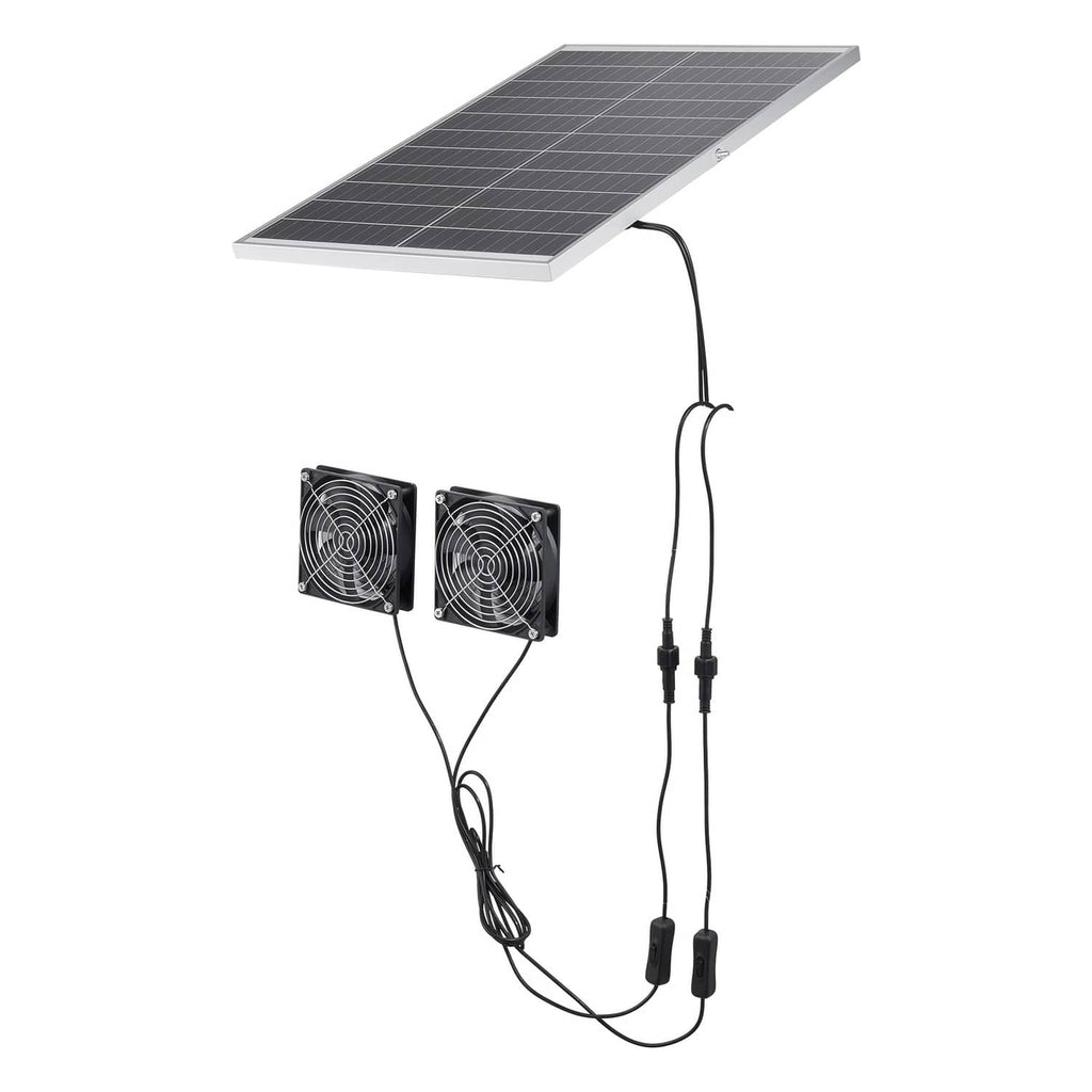 Solar panel with two compact square fans connected by black power cables