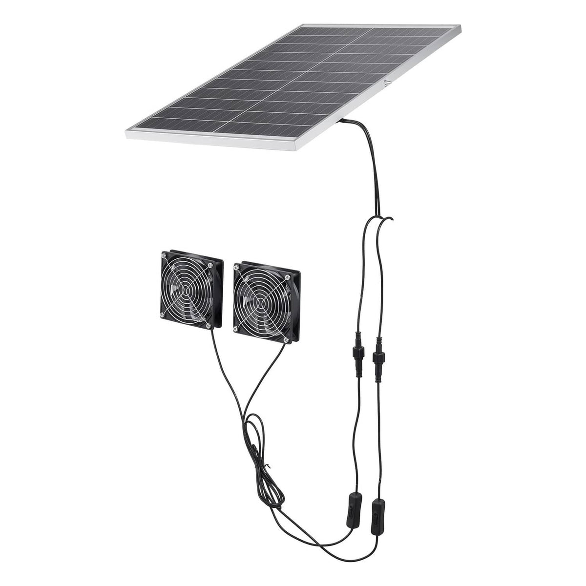 Solar panel with two compact square fans connected by black power cables