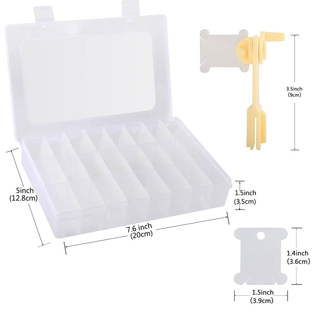 Embroidery floss organizer box with white clips and size diagram on the organizer