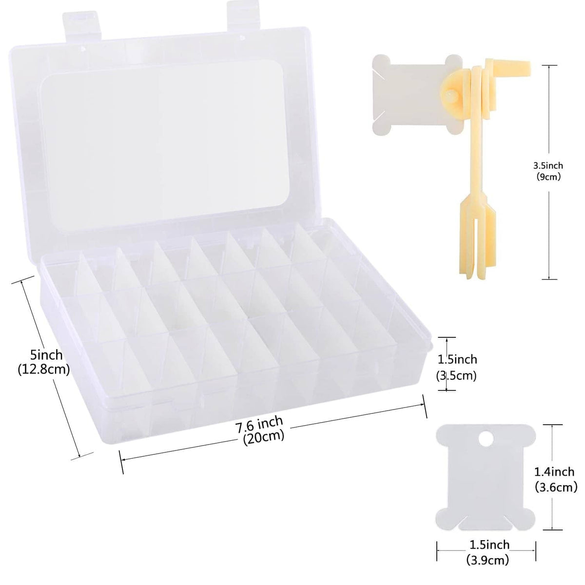 Embroidery floss organizer box with white clips and size diagram on the organizer