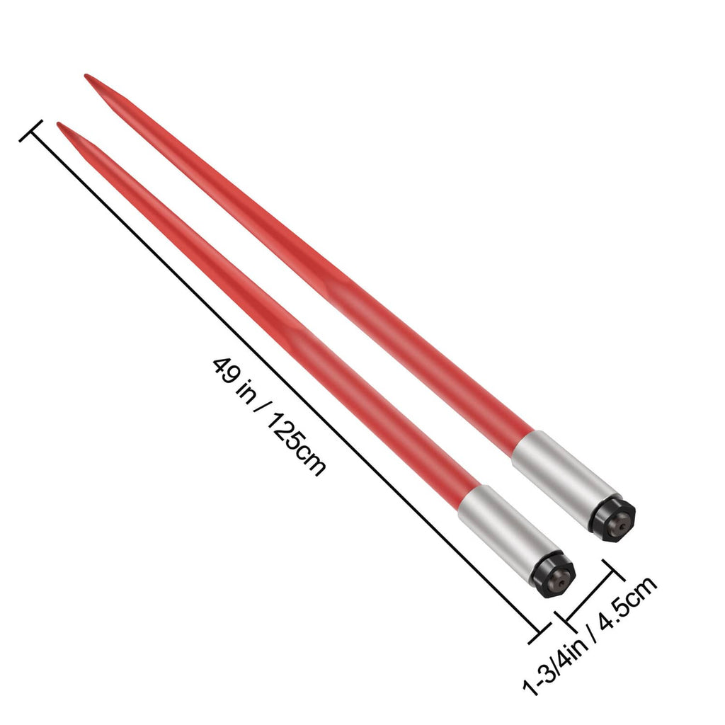 Pair of red hay bale spear prongs with gray metal bases and pointed tips, measured