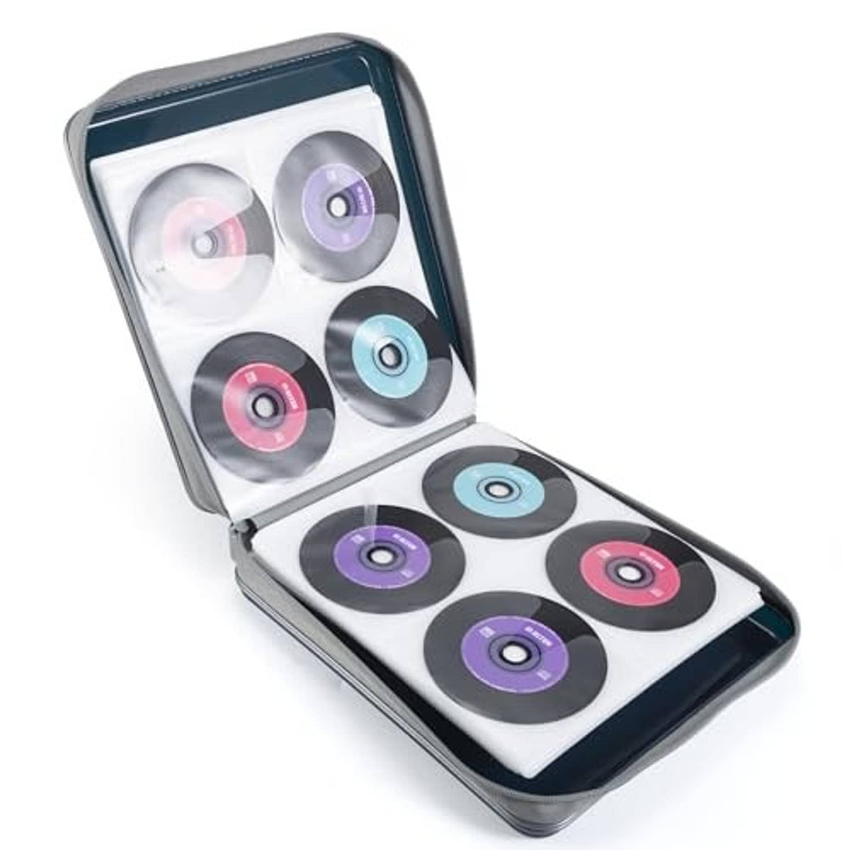 Dark blue hard CD/DVD case opened with multiple CDs in individual sleeves.