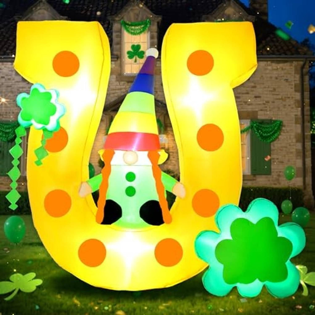 Inflatable yellow gnome decoration at night, rainbow hat and green clovers with glowing dots