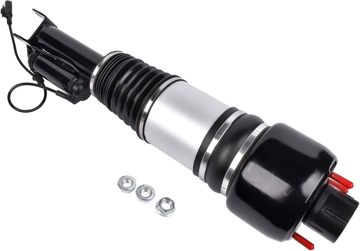 Front left air suspension strut with silver cylinder and black air spring body