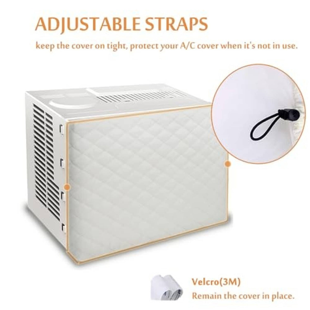 Beige quilted indoor AC cover with adjustable straps and drawstring ties for secure fit