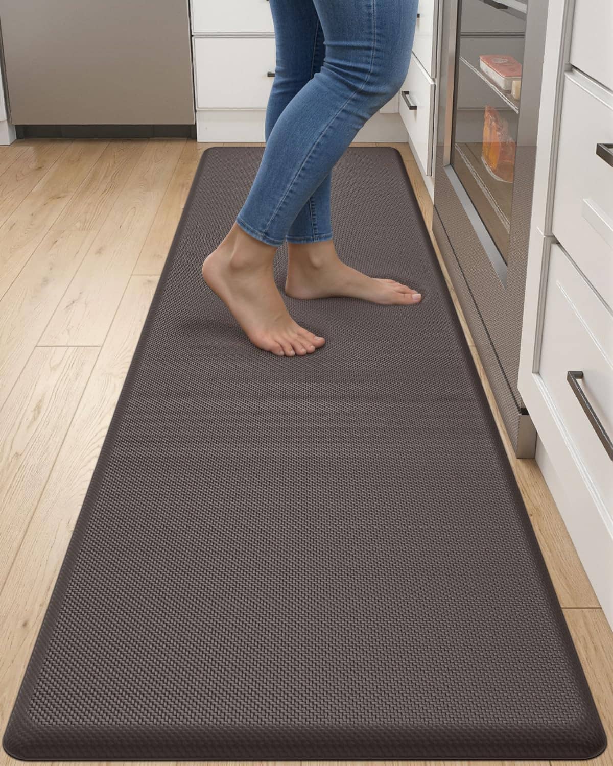 Long cushioned dark gray kitchen floor mat with textured surface, rectangular
