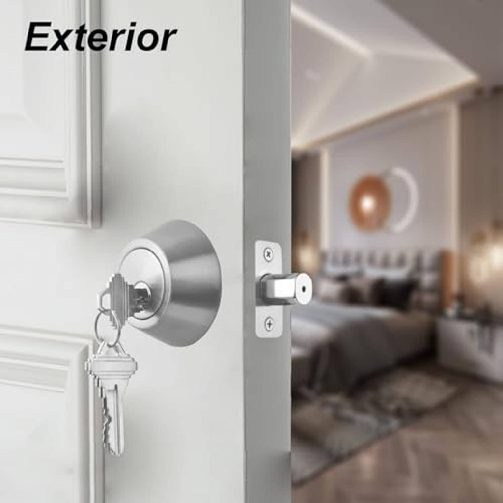 Exterior satin nickel deadbolt installed on a door with keys on the cylinder