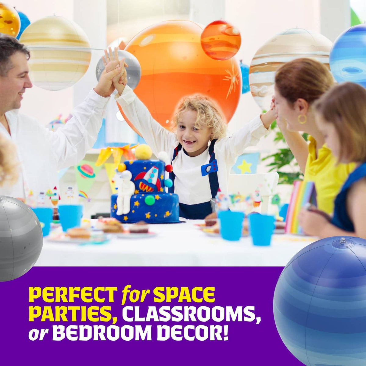 Inflatable solar system planet set with kids and hanging orange, blue, and gray balloons