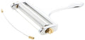 Adjustable heavy-duty cheese slicer with chrome handle and gold-toned knobs
