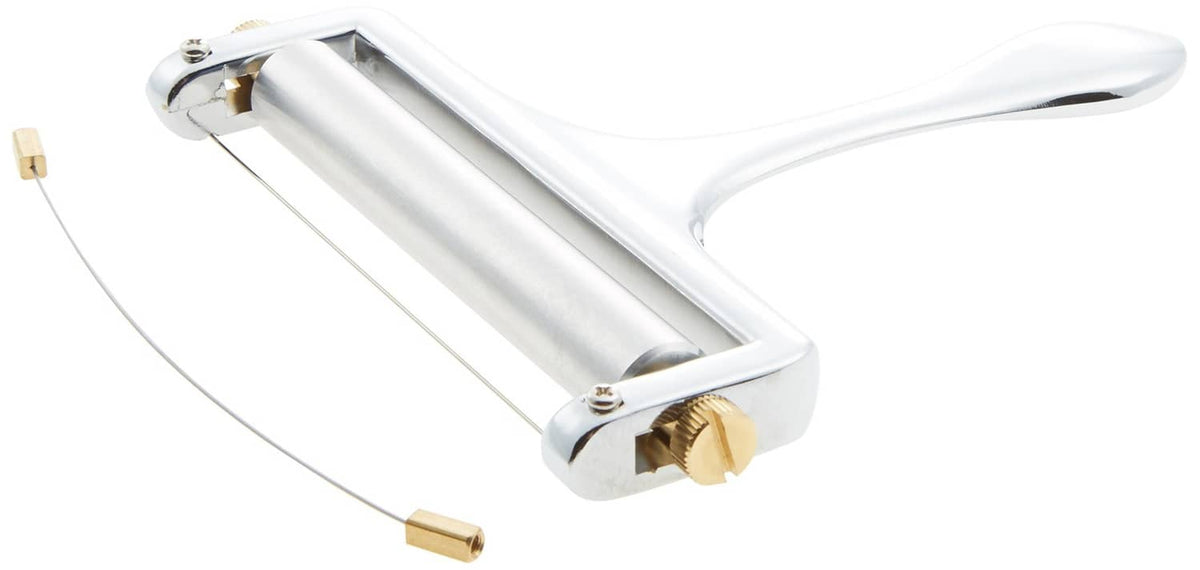 Adjustable heavy-duty cheese slicer with chrome handle and gold-toned knobs