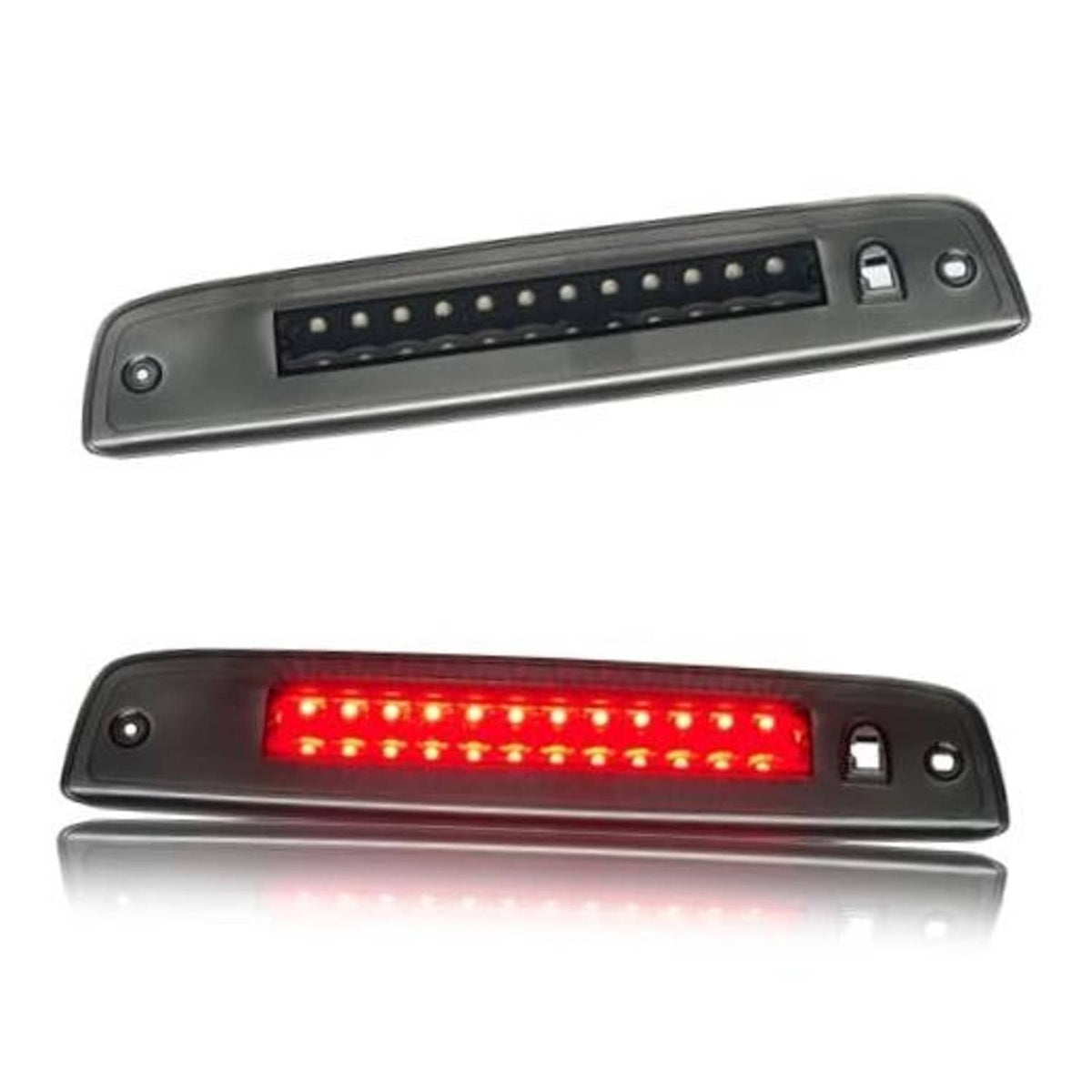 Third brake light LED module with dark housing and clear lens, unlit