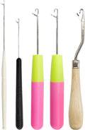 5-piece latch hook crochet hook set: white, black, neon green/pink, wooden hook handle