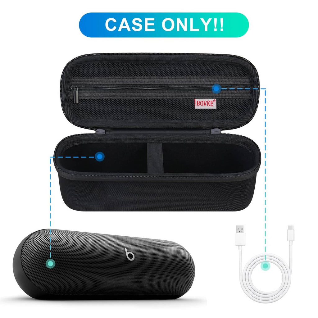Black portable speaker carrying case with zip top, mesh pocket, and cable storage area