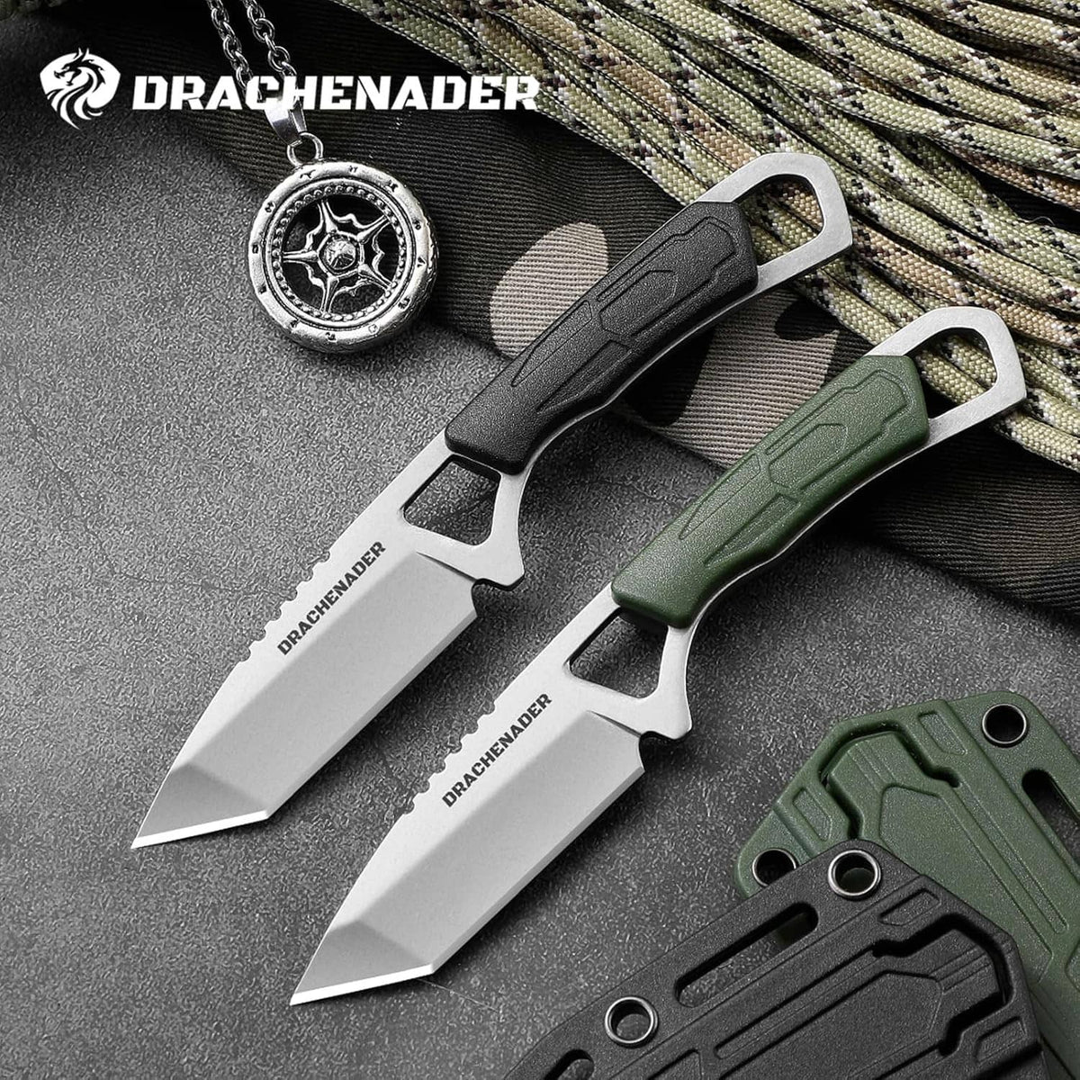Small tanto neck knife set with black and green sheath and necklace