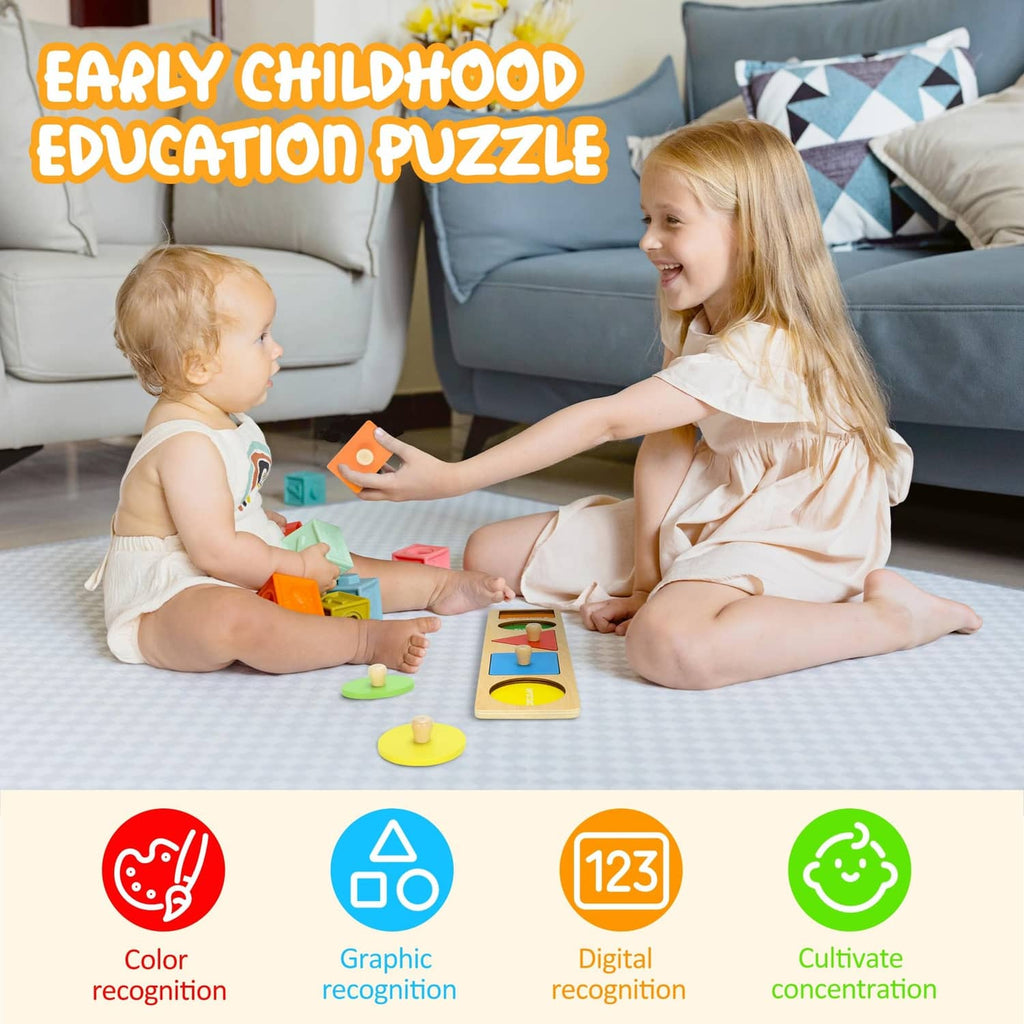 Two children playing with wooden shape puzzle set with colorful knob inserts