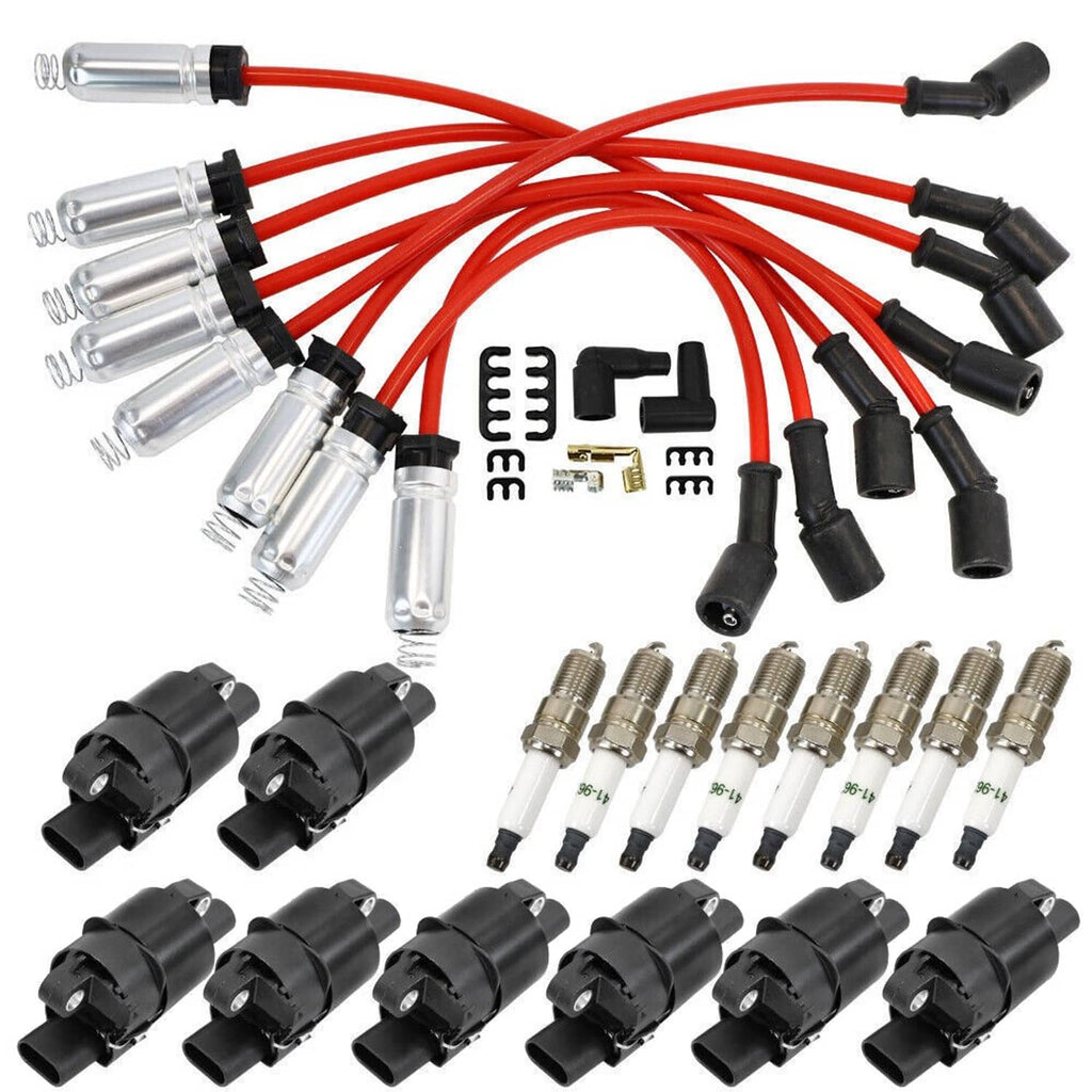 Ignition wire harness with red cables, silver boots, black coil connectors, and spark plugs