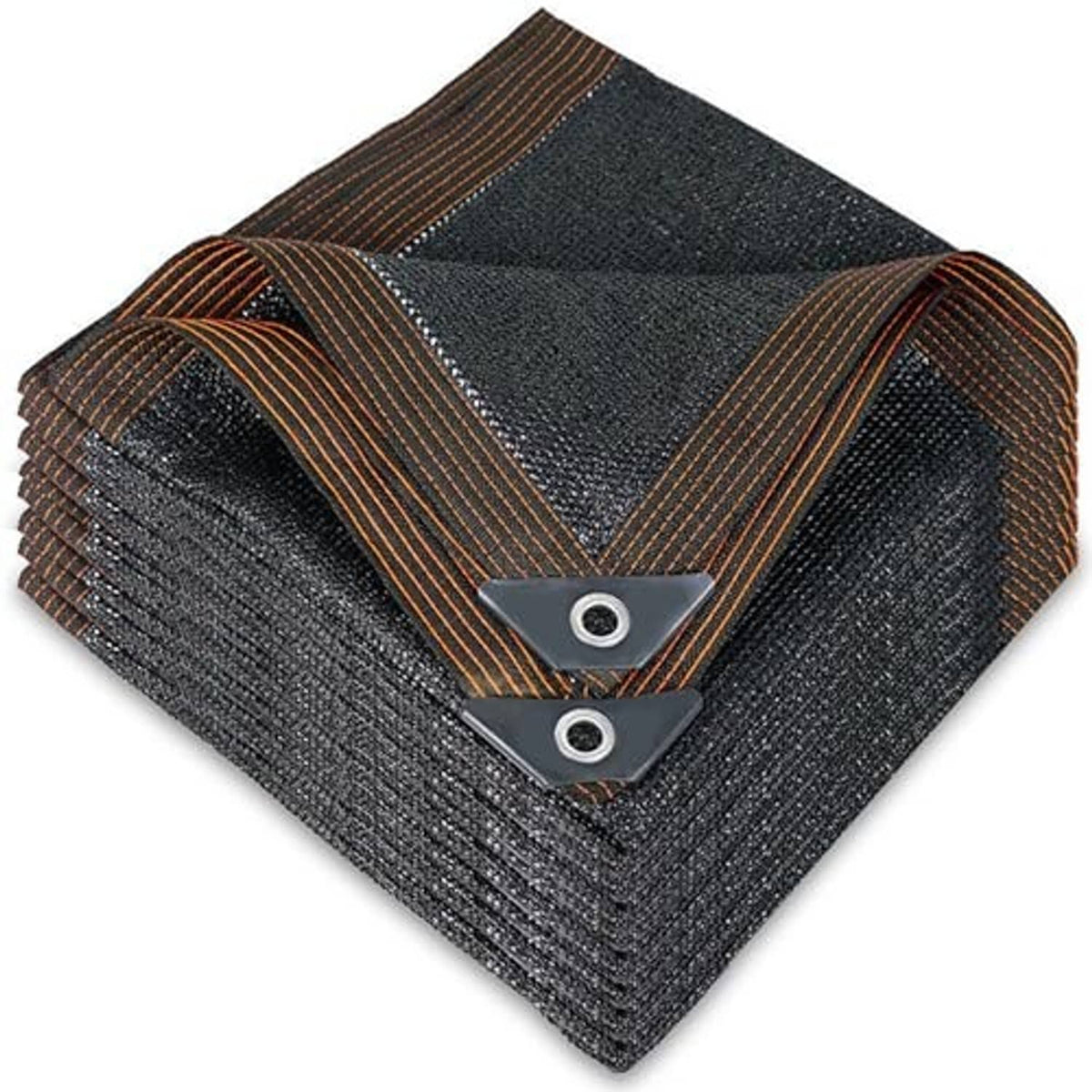 Black mesh shade cloth tarp, folded stack with brown edges and metal grommets
