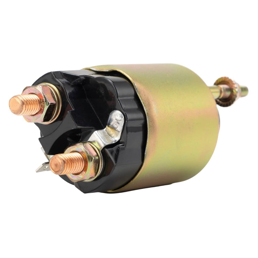 Starter solenoid relay switch angled view with black contact plate and two copper terminals