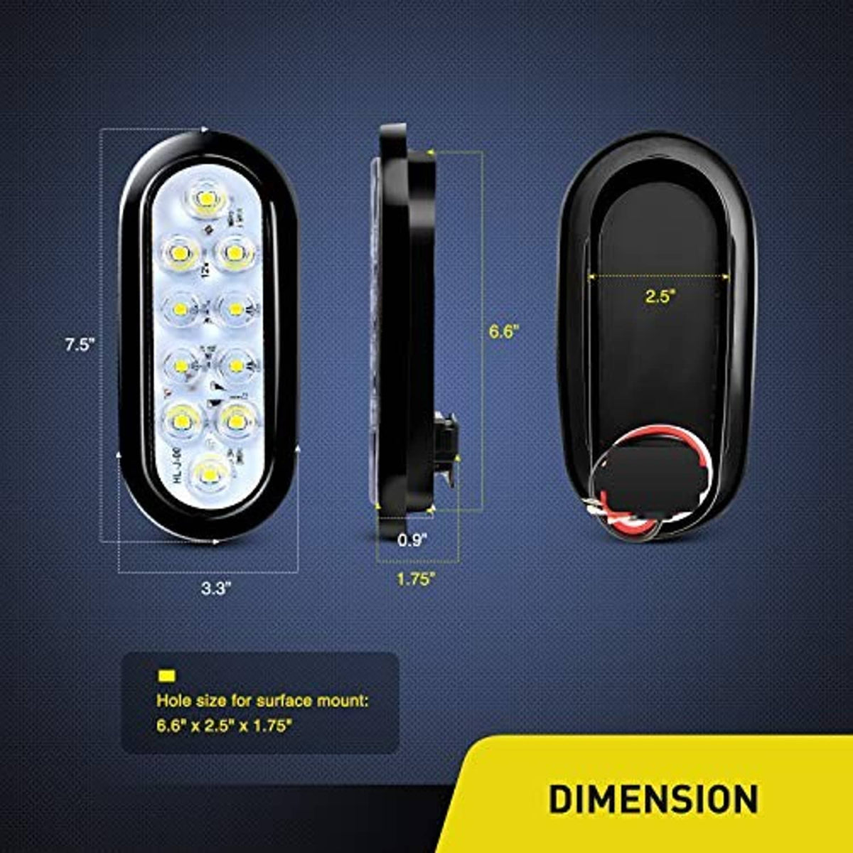 Oval LED trailer tail light with side profile and mounting lead wires, shown with dimensions