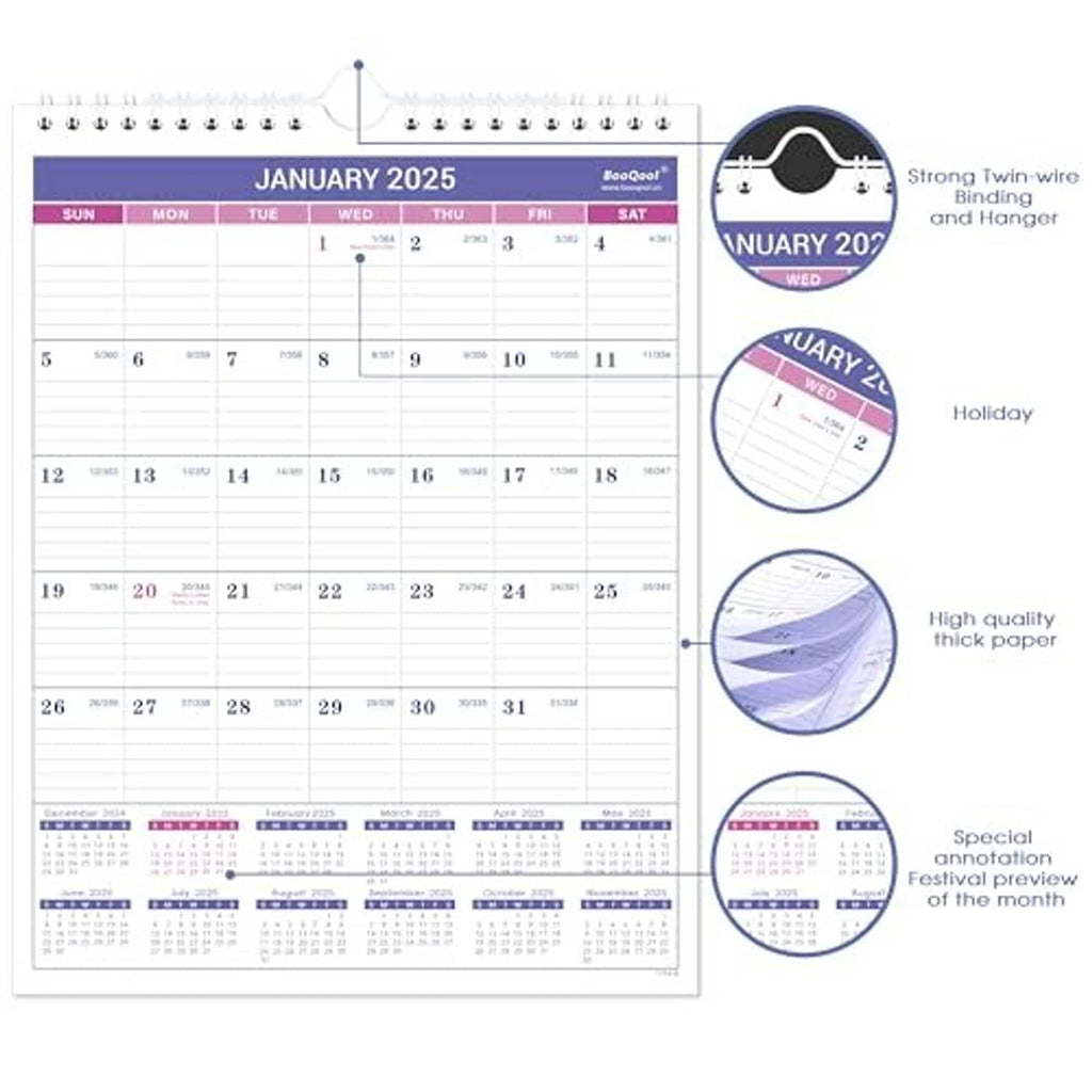 Small 2025 wall calendar with hanging loop, January 2025 grid and feature circles