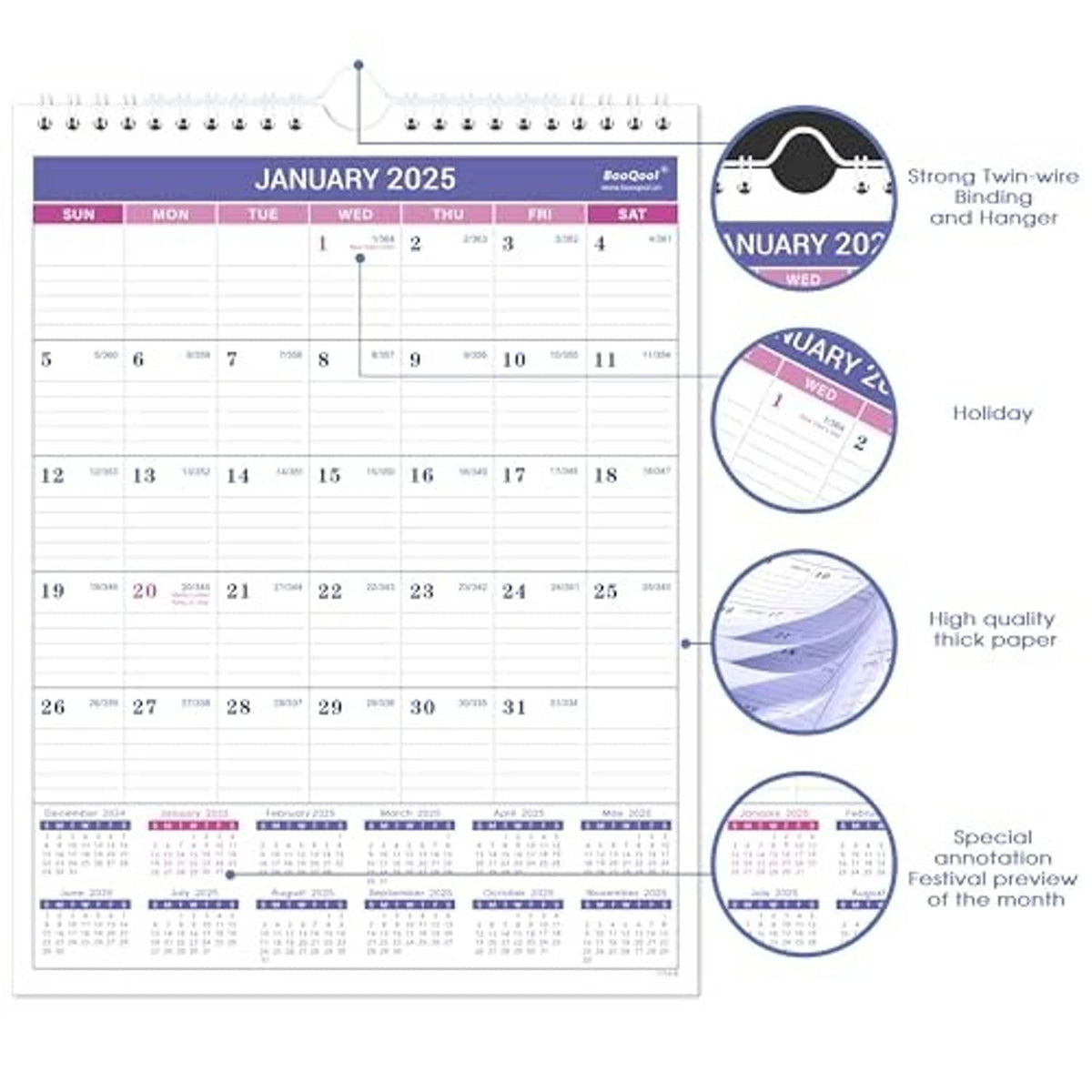 Small 2025 wall calendar with hanging loop, January 2025 grid and feature circles