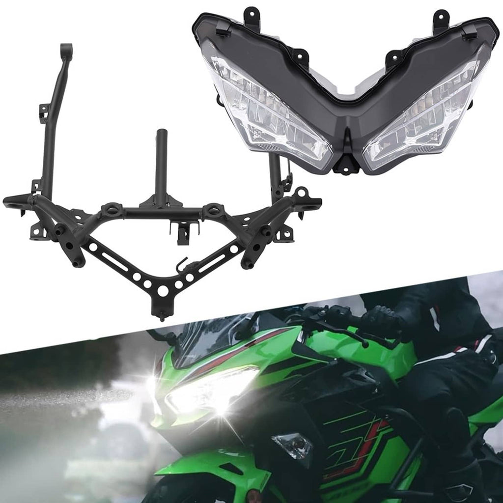 Clear-lens motorcycle headlight set with black upper stay fairing bracket