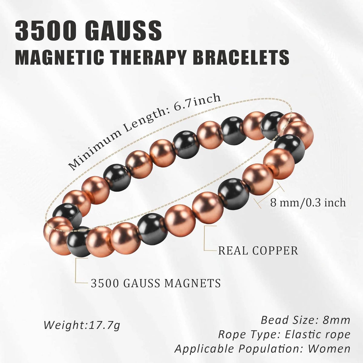 Alternating copper and black magnetic bead bracelet with 8mm round beads
