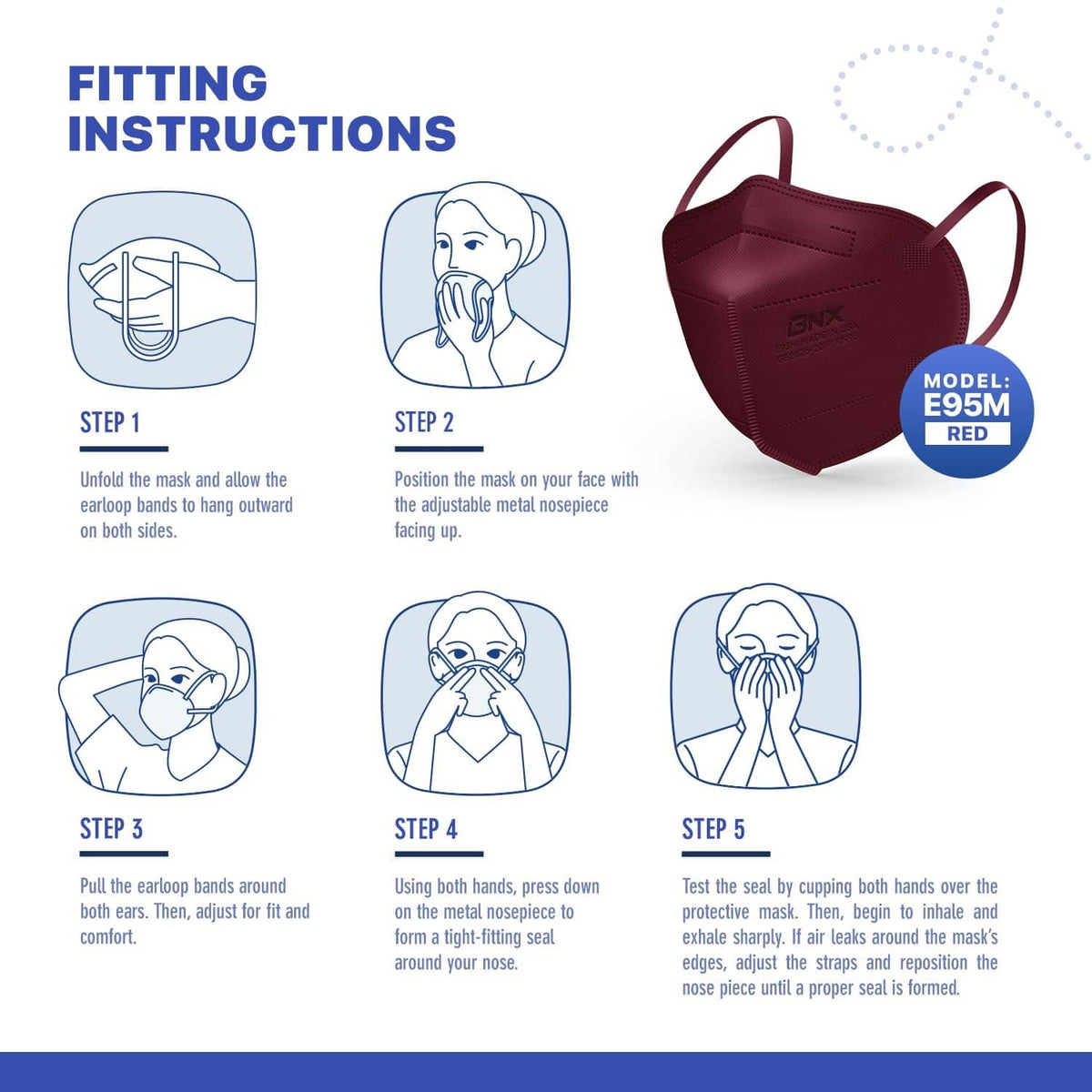 Maroon KN95 face mask with fitting instructions diagram for model FQ5M red