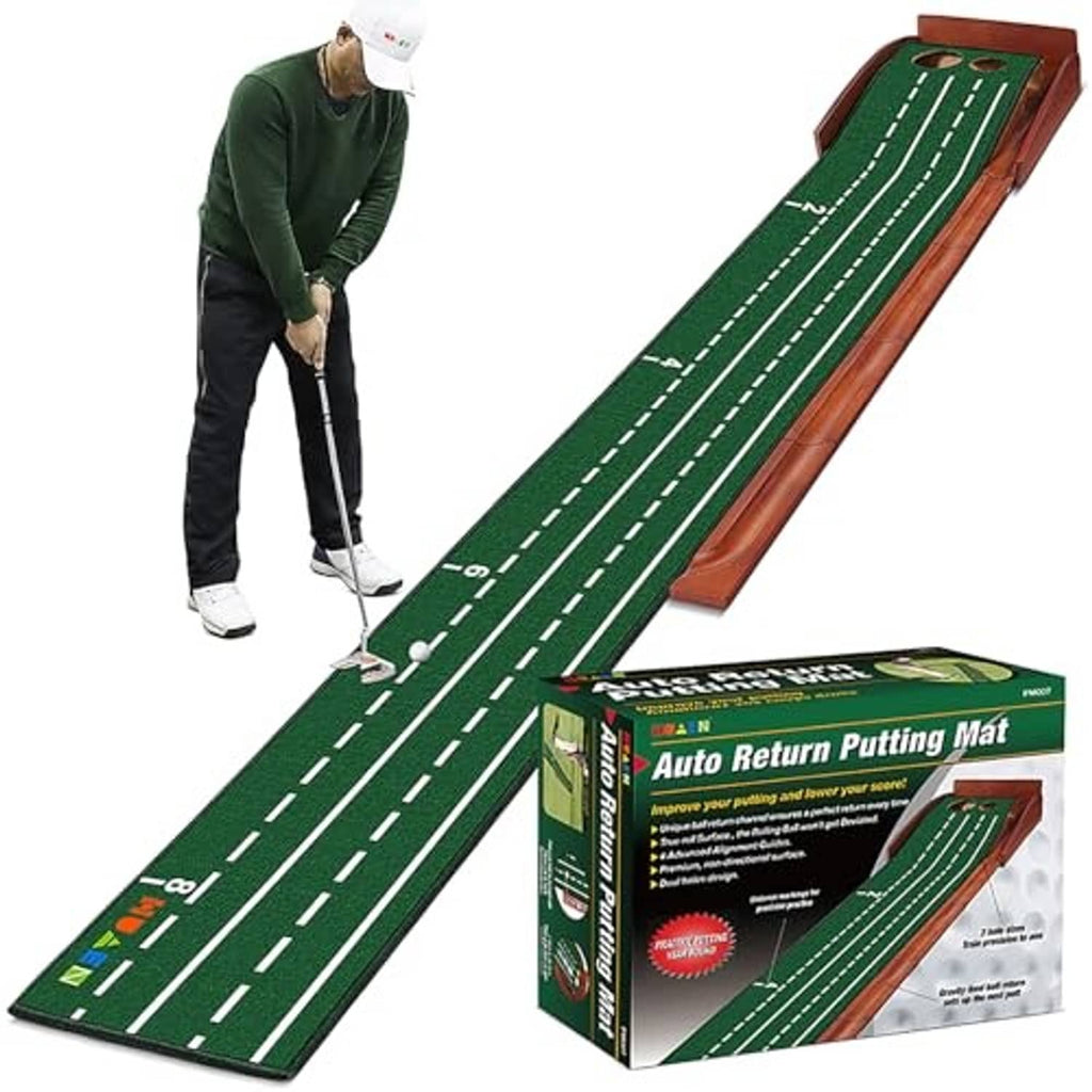 Indoor golf putting mat with green guide lines on sloped brown wooden ramp and ball return