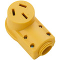 Industrial yellow NEMA 10-50R female receptacle, 3-pole contact slots and ground symbol
