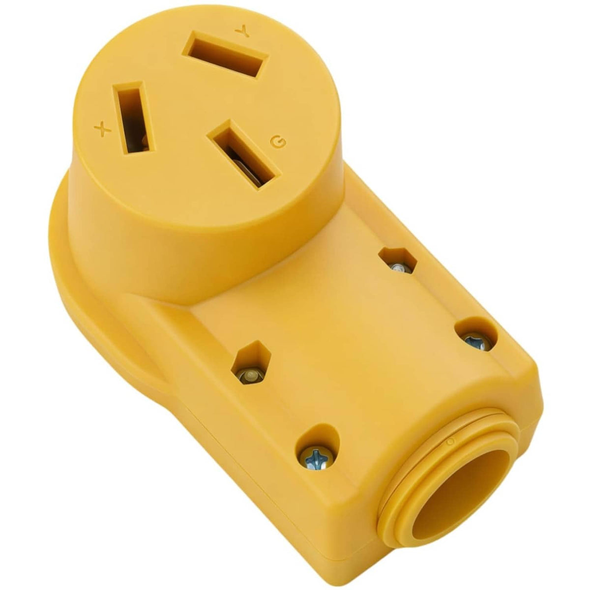 Industrial yellow NEMA 10-50R female receptacle, 3-pole contact slots and ground symbol