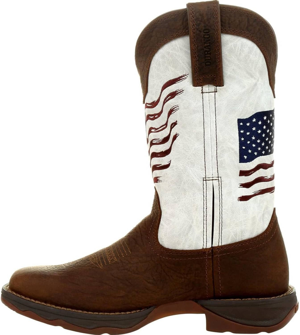 Women’s western boot with U.S. flag embroidery on side and dark brown pull strap.