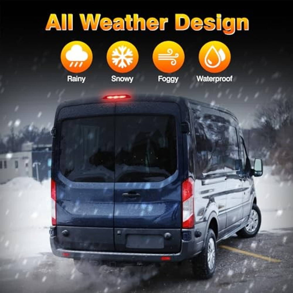 Red LED third brake light on white van in wet weather setting