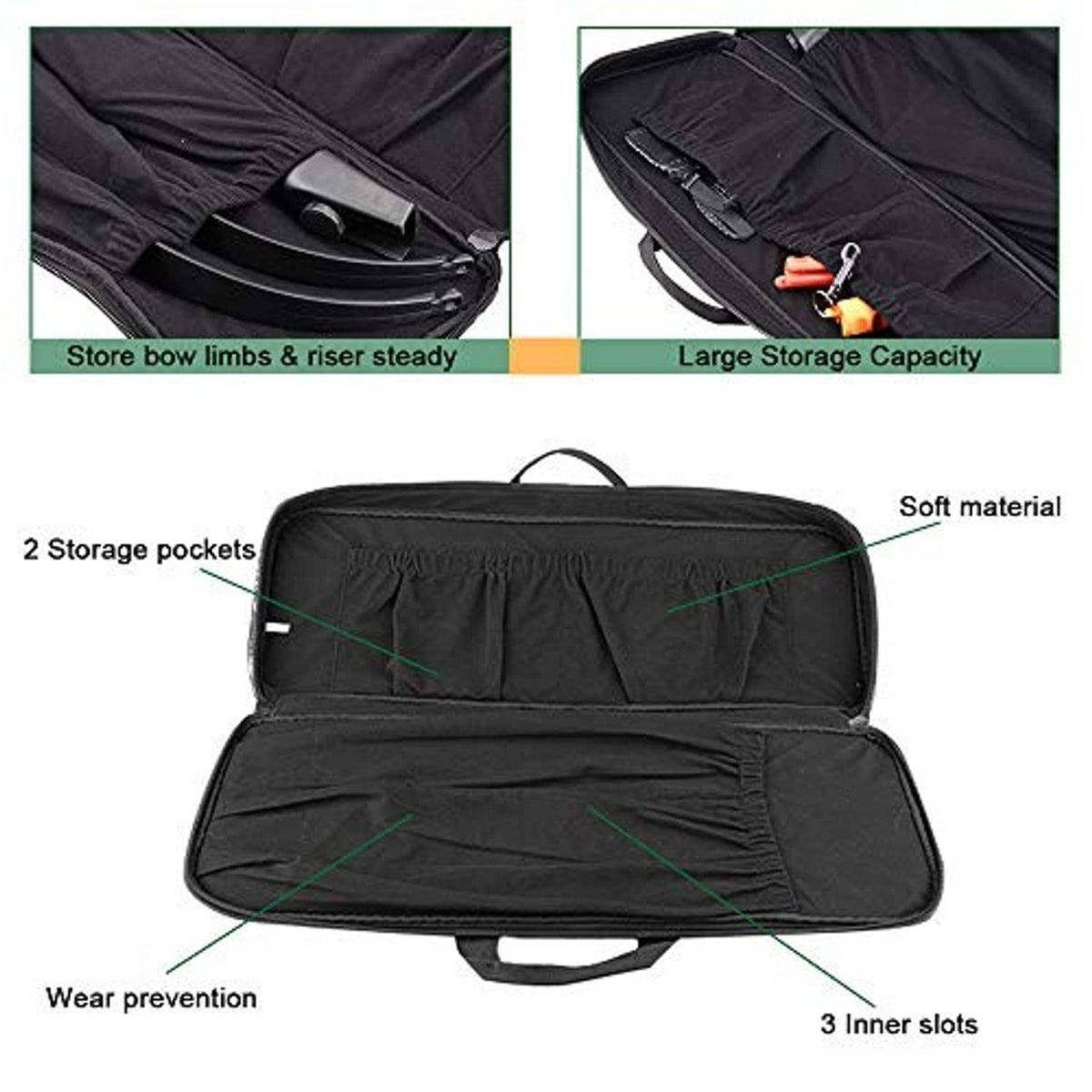 Black soft bow case open with inner slots, 2 storage pockets, and wear-prevention lining