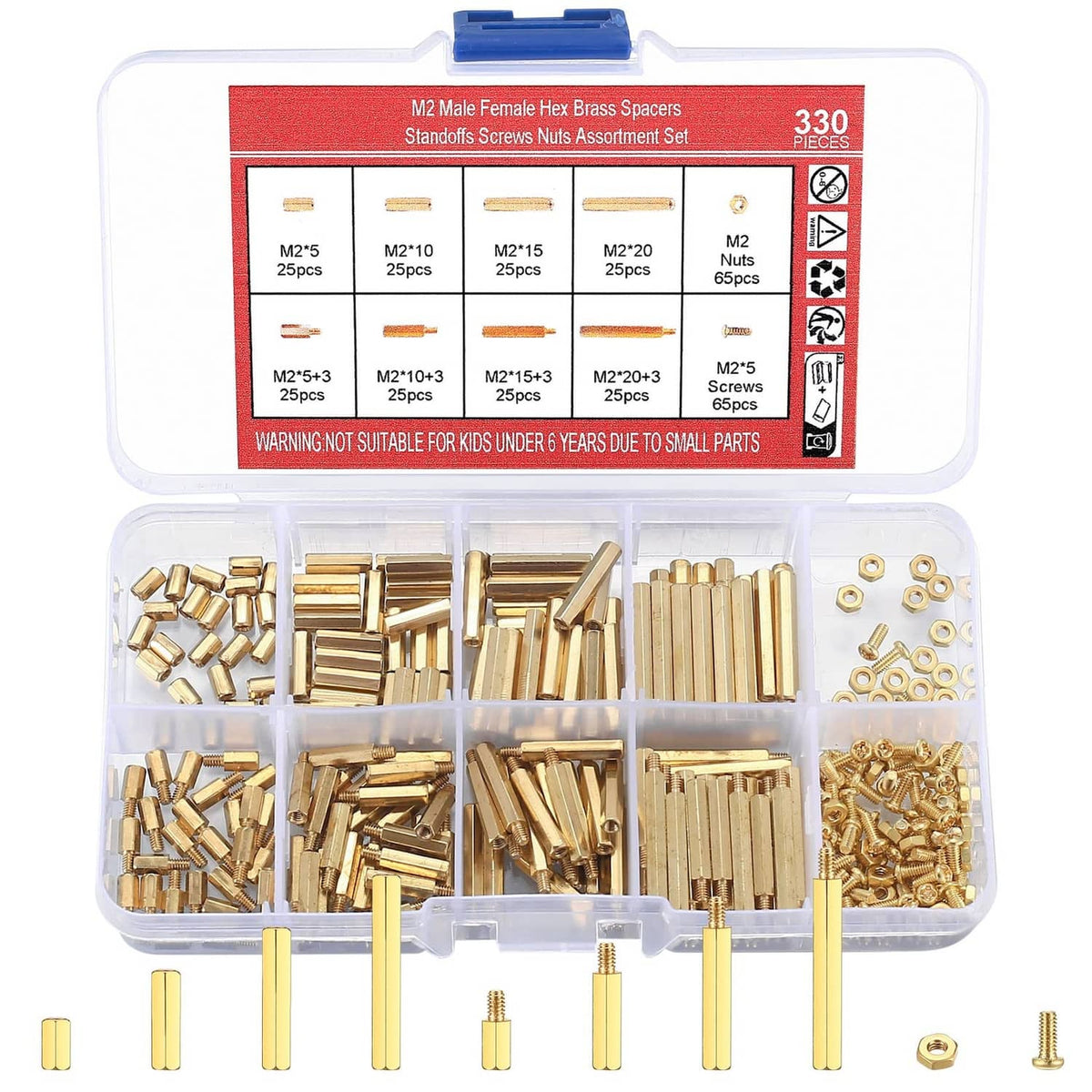 330-piece M2 brass hex spacer, screw, and nut assortment in clear storage case