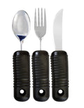 Three-piece cutlery set: spoon, fork, and rocker knife with black ribbed handles