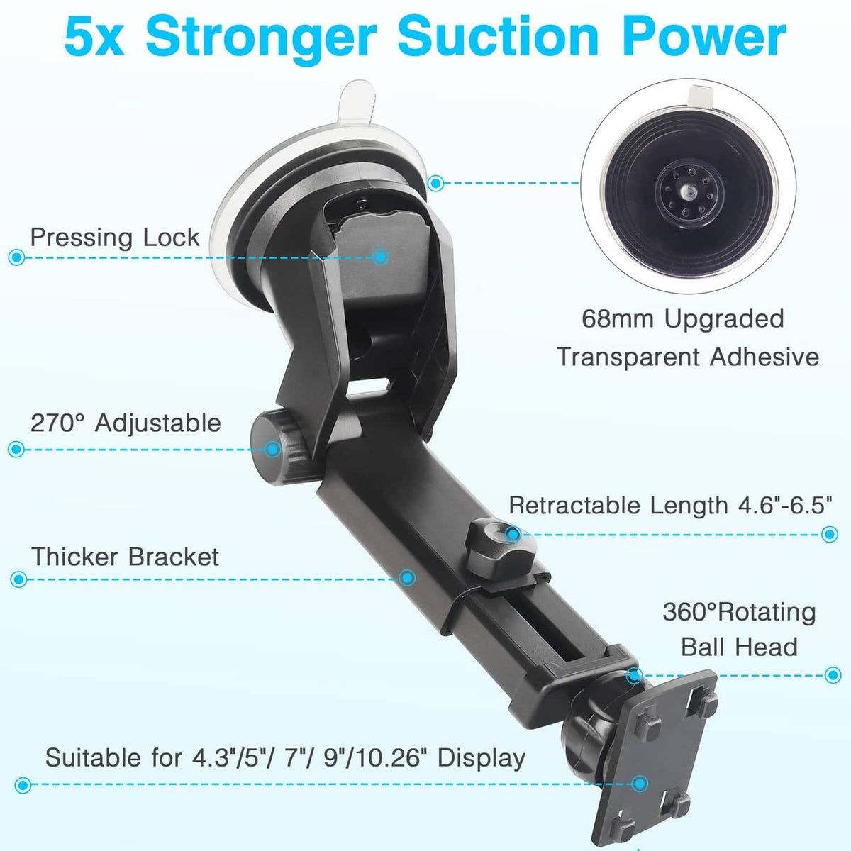 Adjustable retractable monitor mount with suction cup and 360° ball head, black