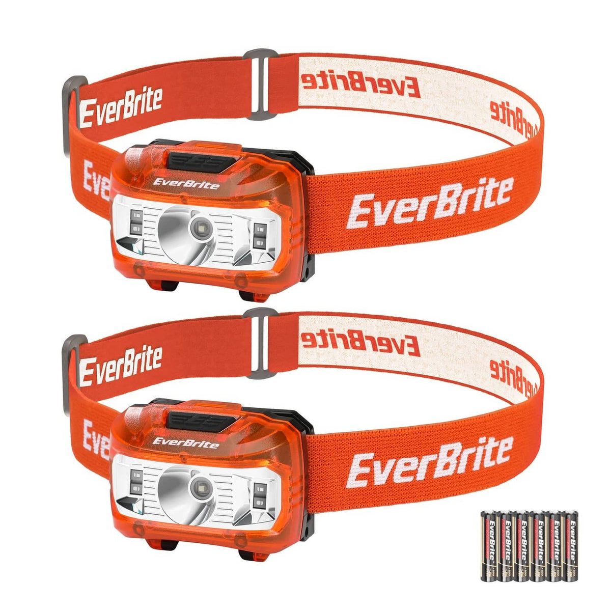 Two kids headlamps with orange elastic straps and rectangular light modules; includes batteries.