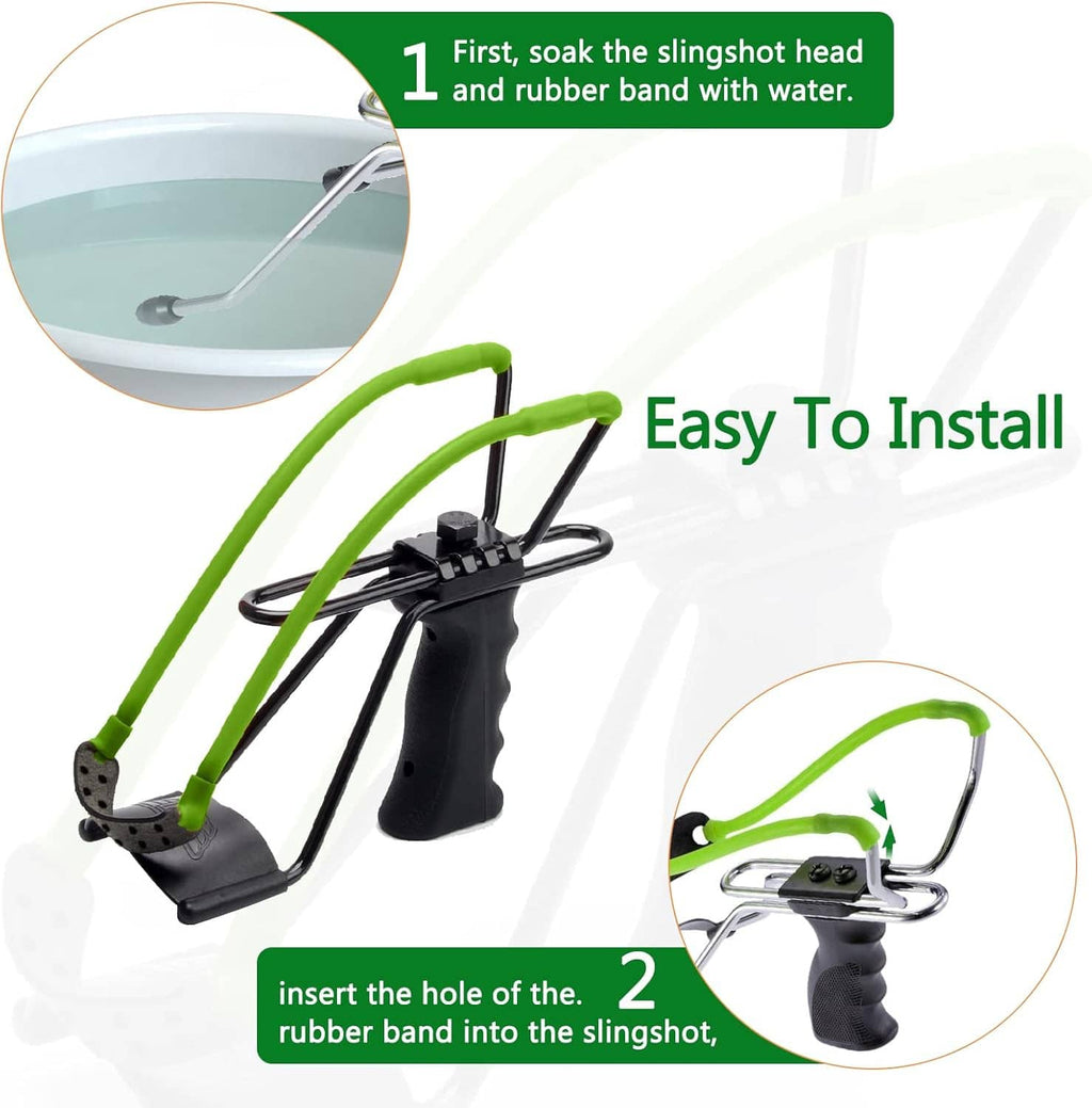Neon green slingshot replacement bands installed on black slingshot frame with connector strip