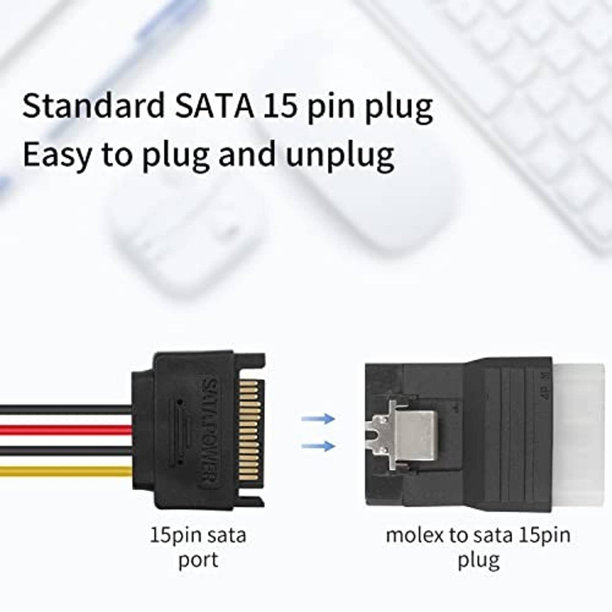 SATA 15-pin style plug adapter with black housing and Molex connector