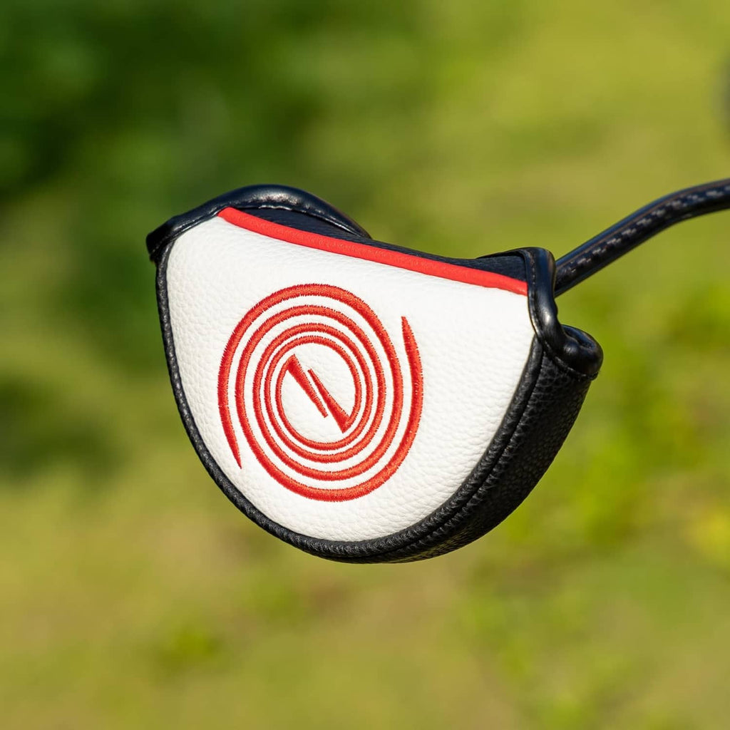White putter headcover with black trim and red swirl emblem, padded mallet protector