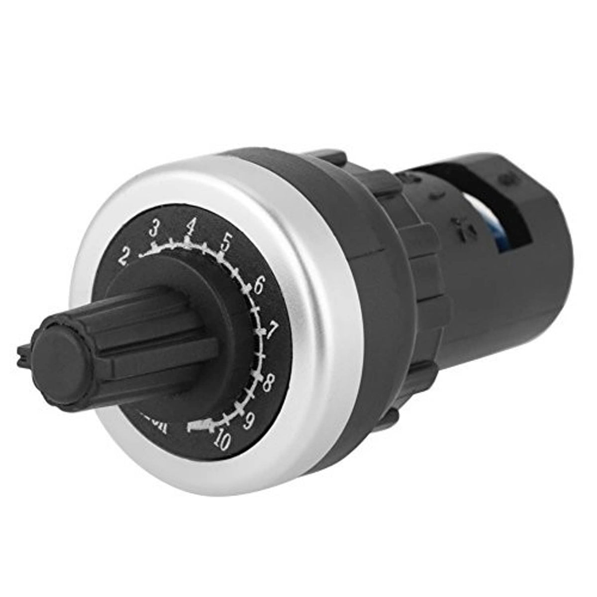 Panel-mount potentiometer with silver bezel, black dial marked 1 to 10, and tuning knob