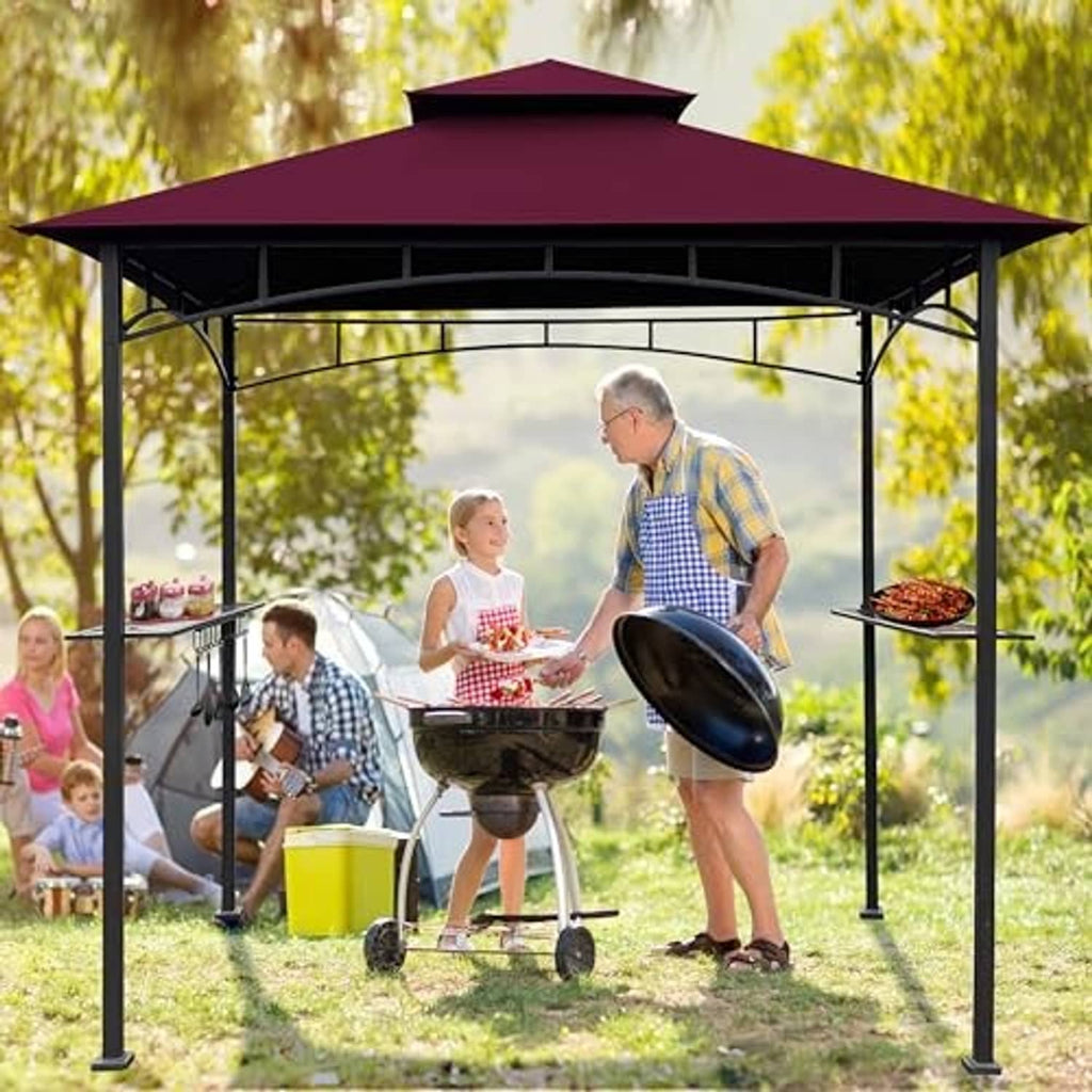 Burgundy double-roof BBQ gazebo canopy top over backyard grill, black metal frame
