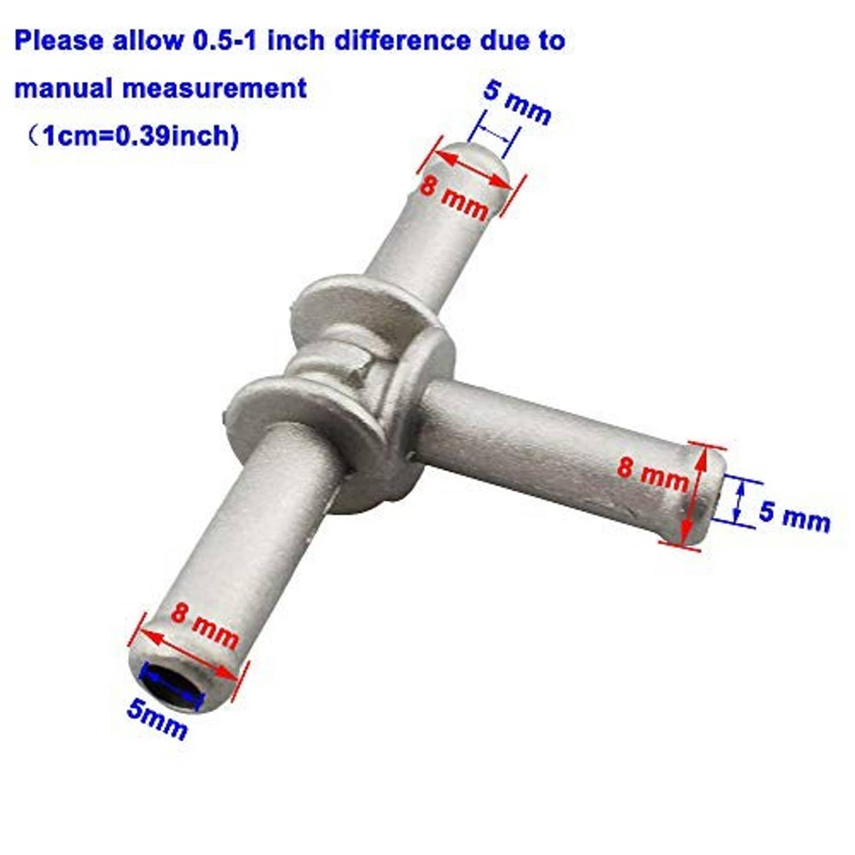 Aluminum coolant hose T-fitting coupler with central mount and side barbs, close-up