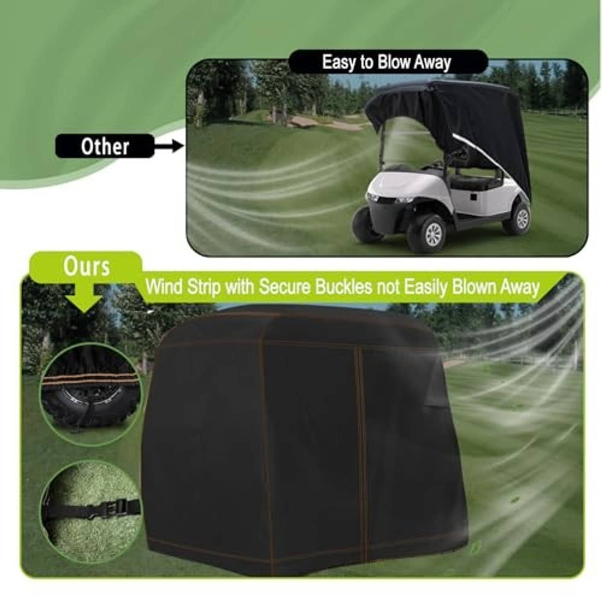 Black golf cart cover with secure wind-straps and lower tie loops